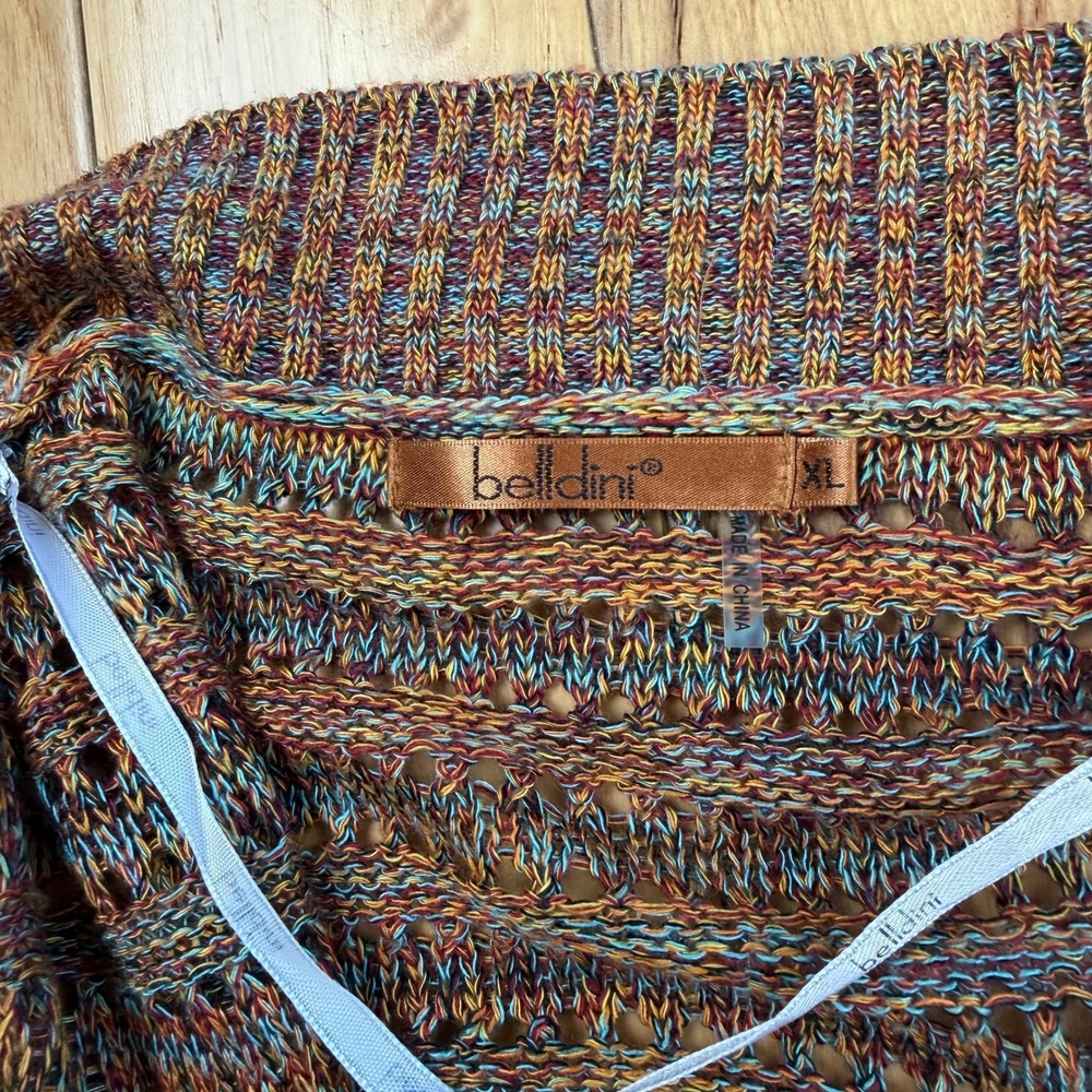 Belldini Womens XL Space Dye Open Front Cardigan Orange Teal Pointelle Knit - Picture 7 of 9